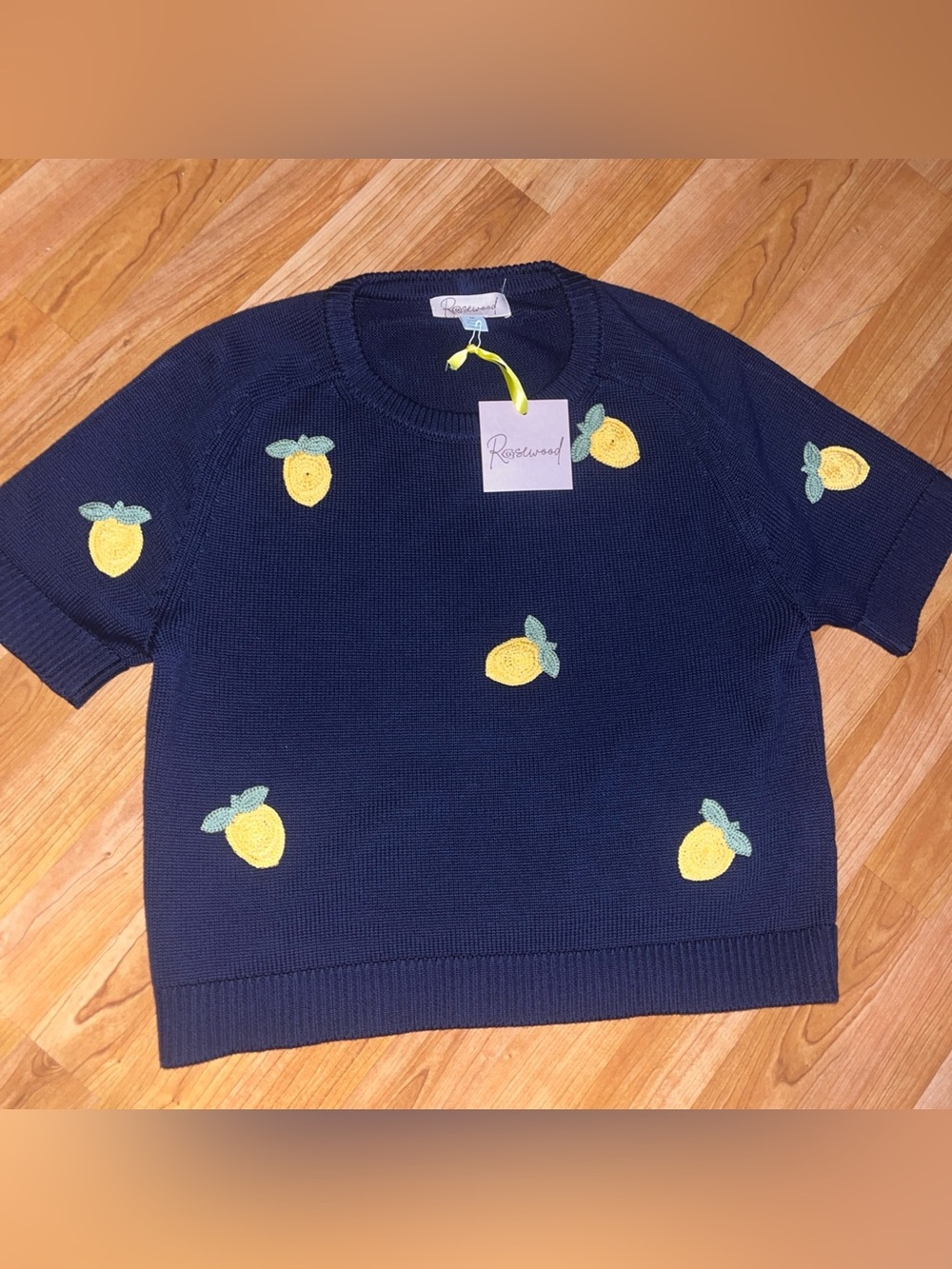 Crochet Embroidered Lon Motif Short Sleeve Cotton Blend Blue Sweater Size M